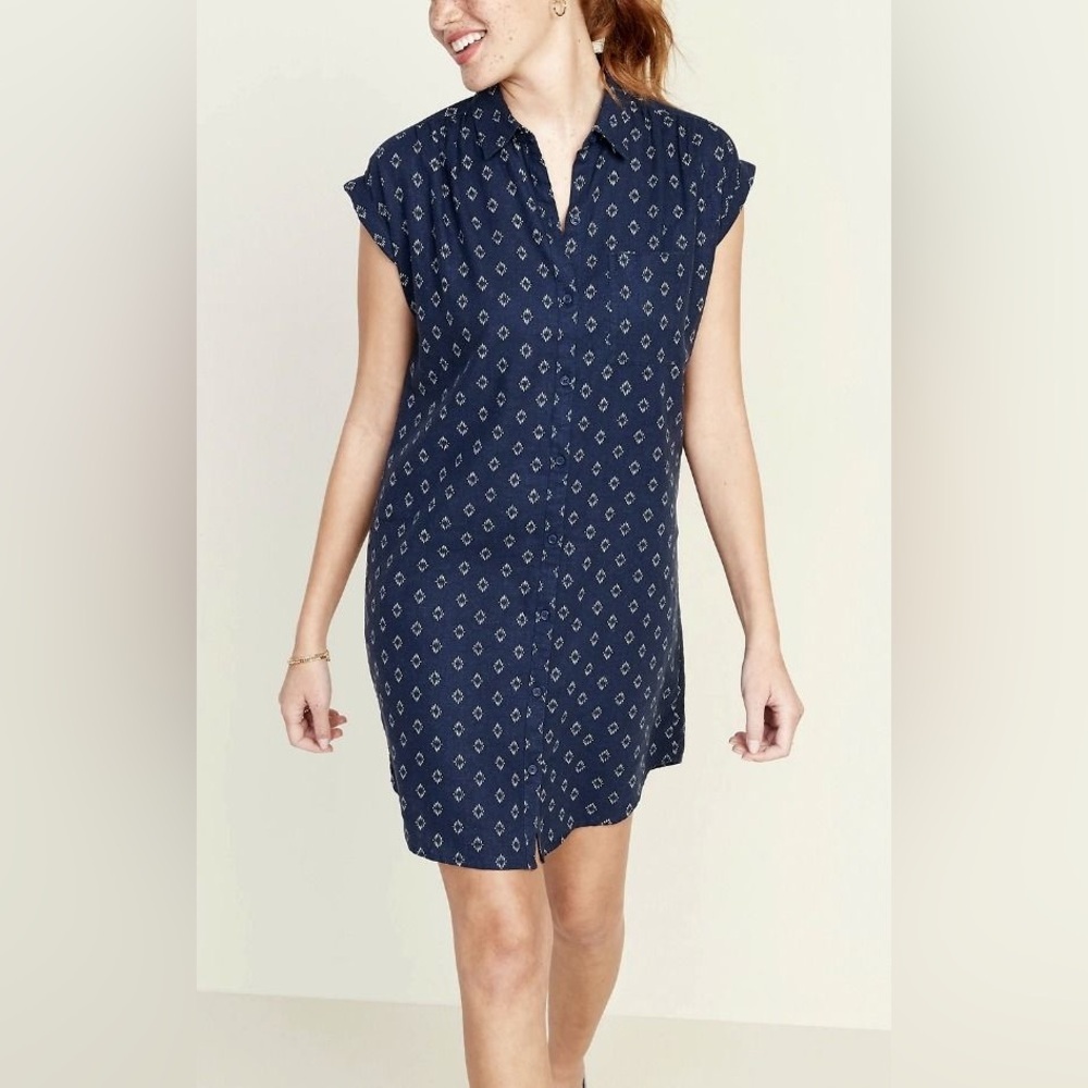 Old Navy Linen-Blend Shirred Shirt Dress Navy Diamond Sz XL NWT